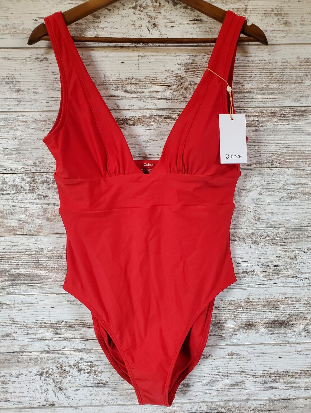 NWT Quince Italian Plunge One-Piece Swimsuit Luxury Classic Red Swimwear